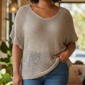 Eileen Fisher Textured Gray Open Knit Relaxed Sweater Top | Size L